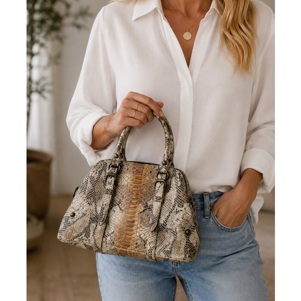 Forth & Towne Tan Calf Leather Snake Print Satchel Handbag Purse Womens Luxury